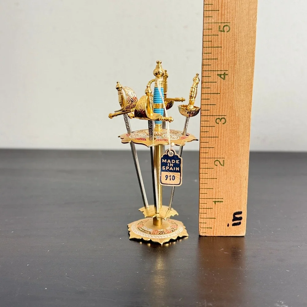 Vintage Toledo Spanish Mini Sword Cocktail Pick Set 4 Picks Stand Made in Spain
